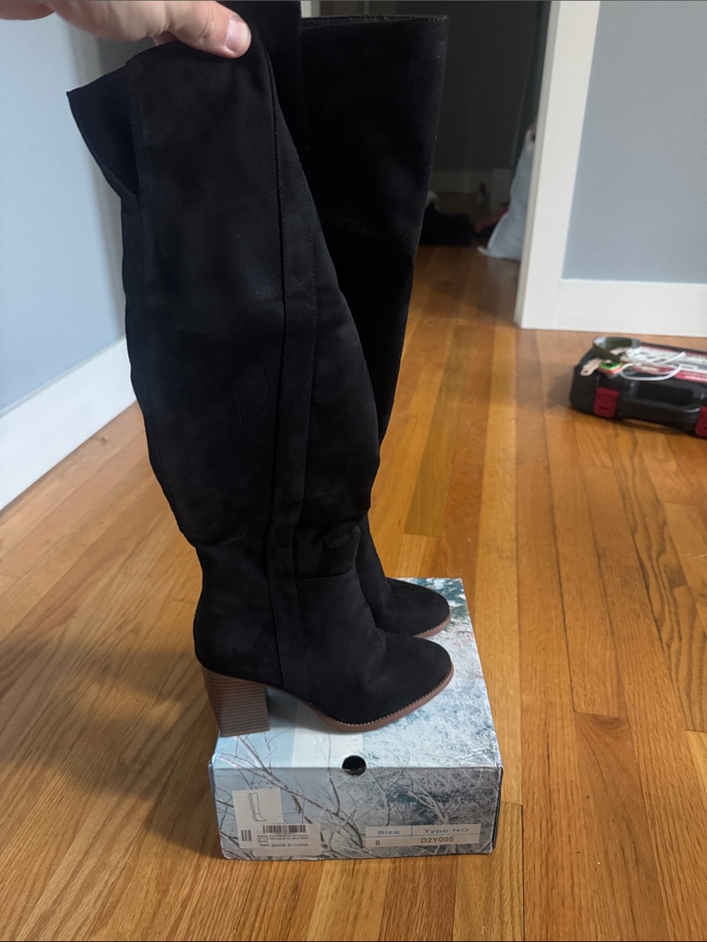 Black Over-the-Knee Suede Boots with Stacked Block Heel